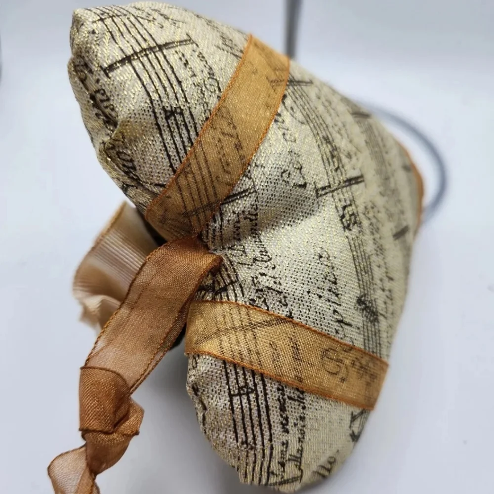 Christmas Ornament, Pillow heart, Music theme, gold shimmer, floral